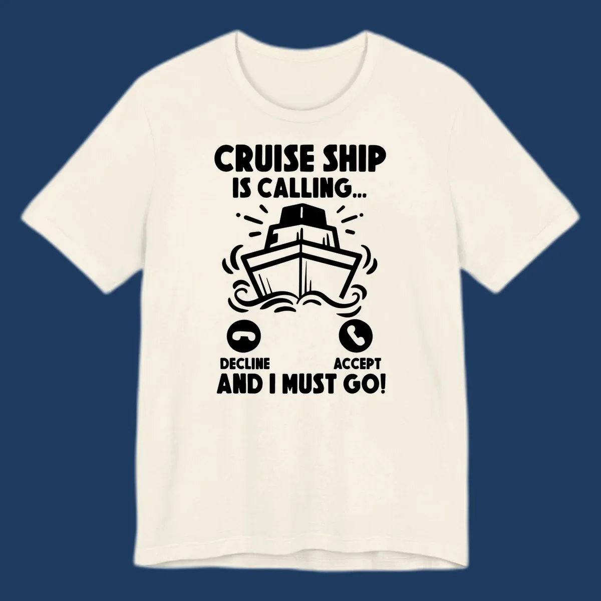 Cruise ship is calling design: illustrated ship with waves and sunburst rays styled as incoming phone call notification