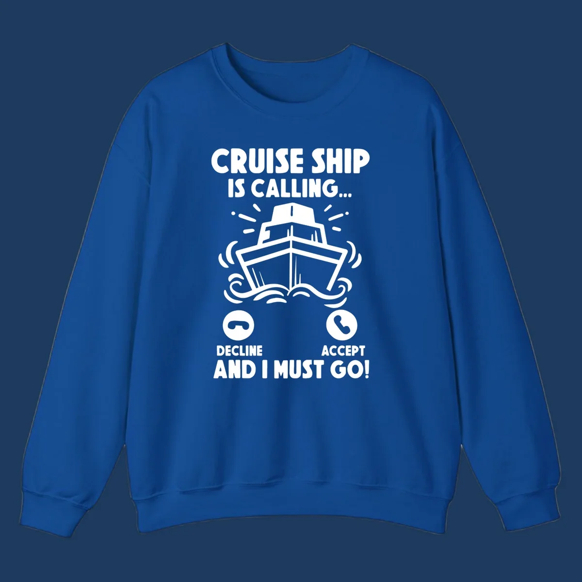 Cruise ship is calling design: illustrated ship with waves and sunburst rays styled as incoming phone call notification