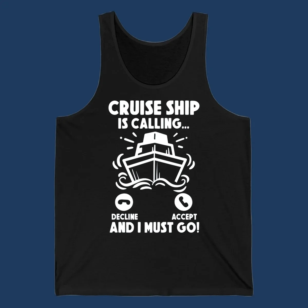 Cruise ship is calling design: illustrated ship with waves and sunburst rays styled as incoming phone call notification