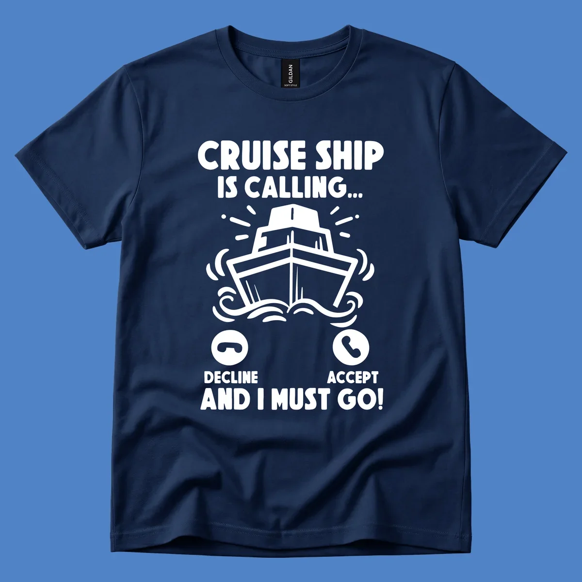 Cruise ship is calling design: illustrated ship with waves and sunburst rays styled as incoming phone call notification