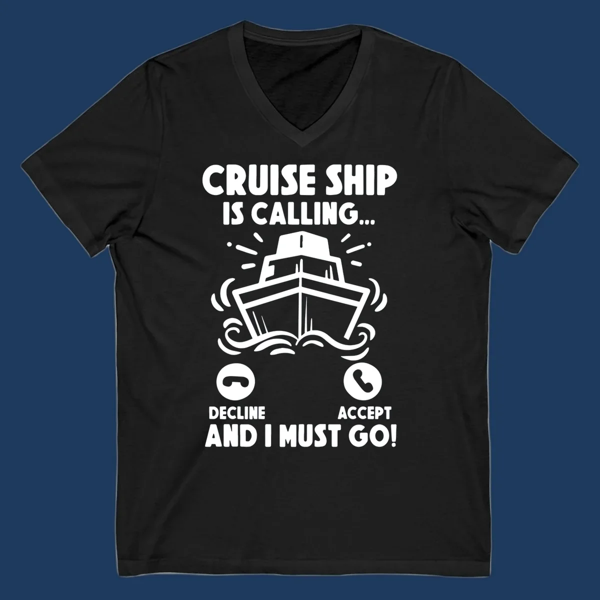 Cruise ship is calling design: illustrated ship with waves and sunburst rays styled as incoming phone call notification
