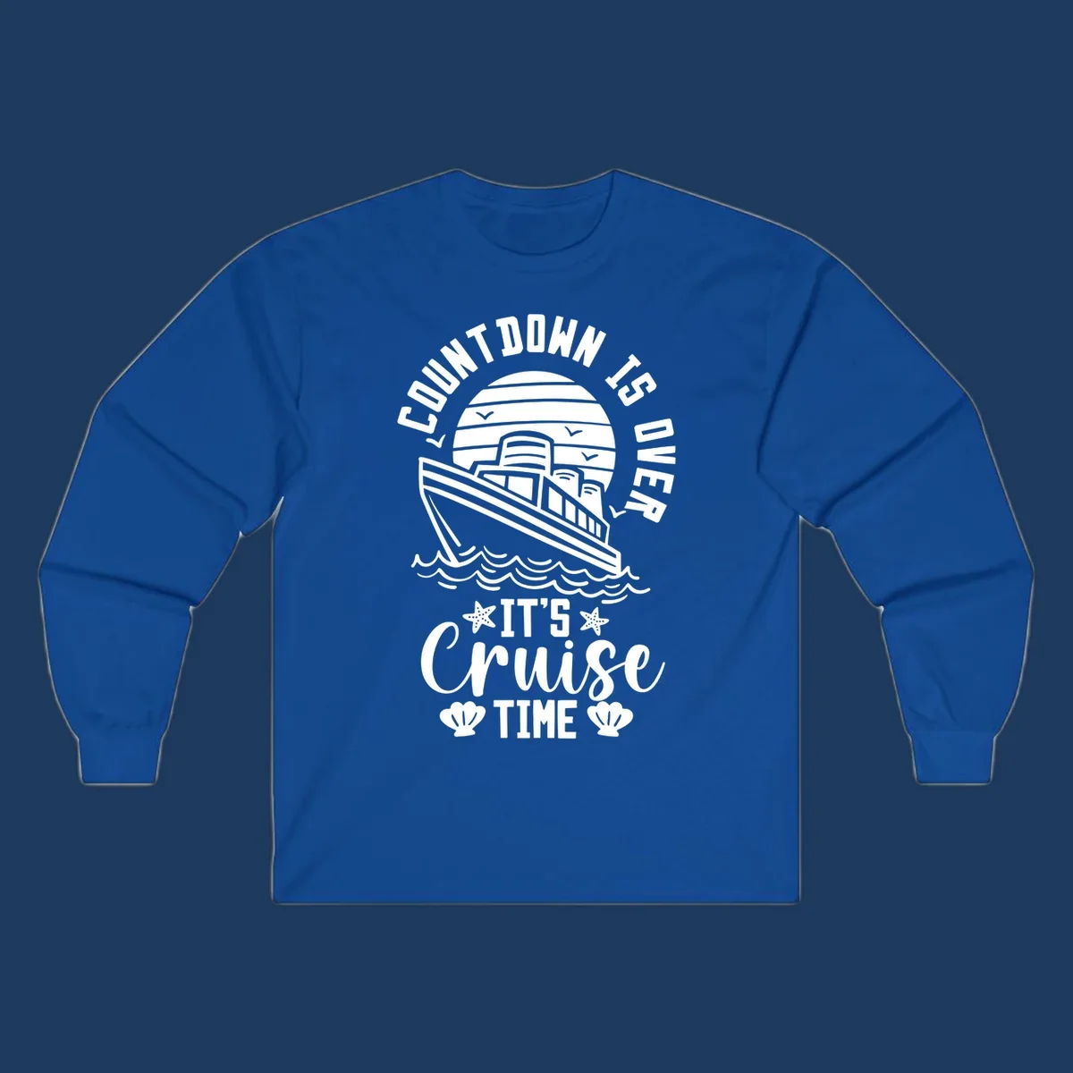 Vintage cruise ship illustration with countdown is over it's cruise time text and ocean waves