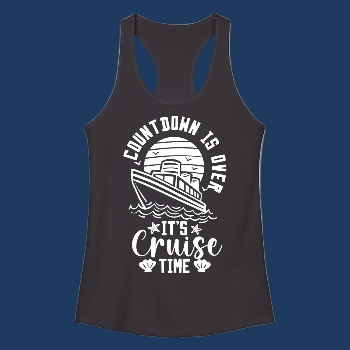 Vintage cruise ship illustration with countdown is over it's cruise time text and ocean waves