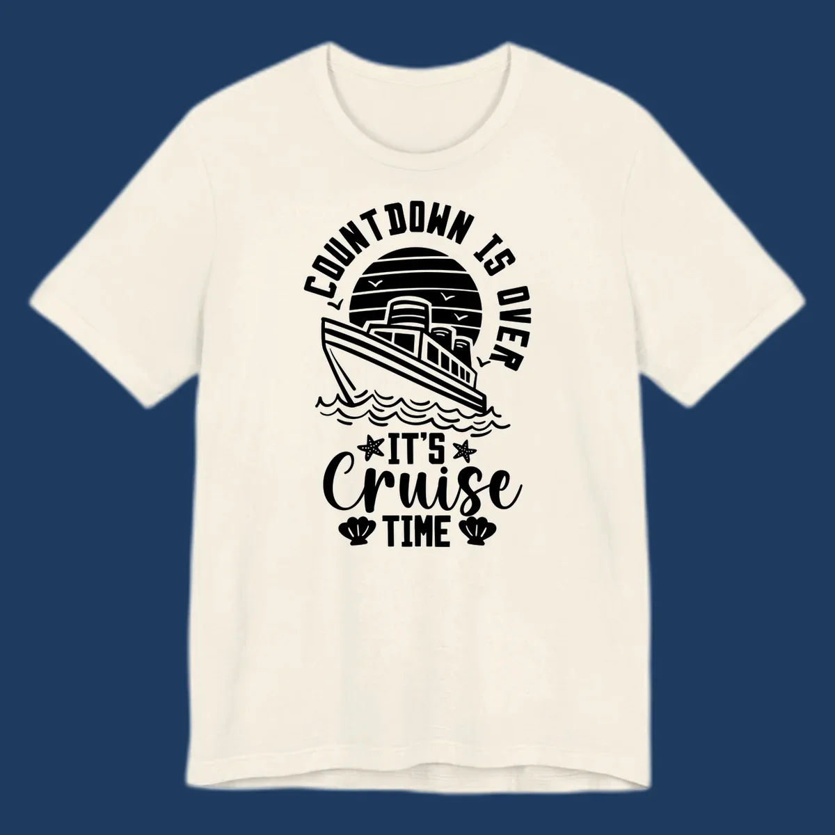 Vintage cruise ship illustration with countdown is over it's cruise time text and ocean waves