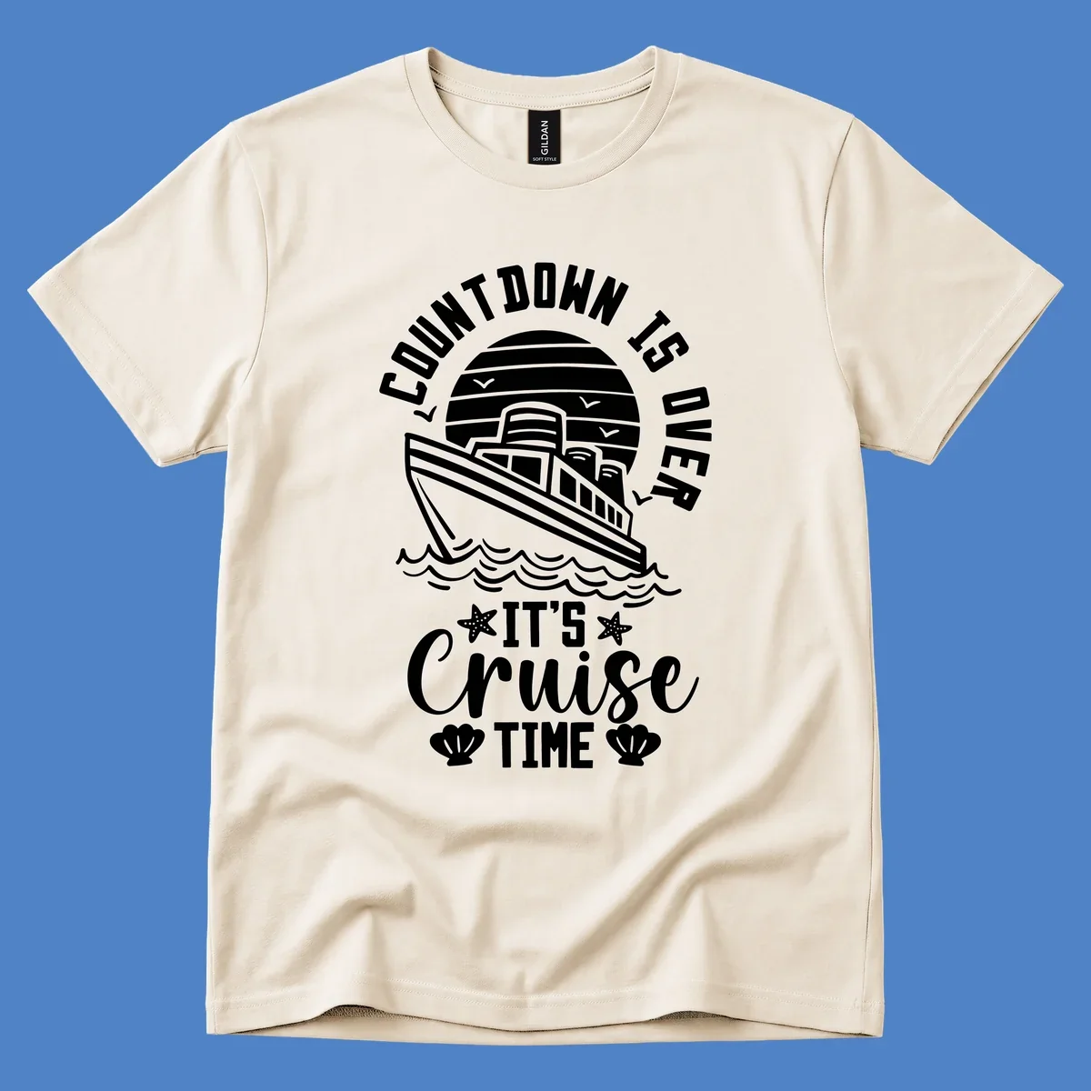 Vintage cruise ship illustration with countdown is over it's cruise time text and ocean waves