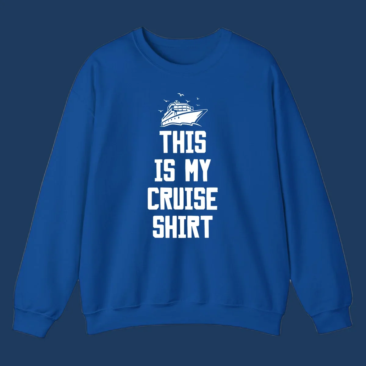 White cruise ship with seagulls and text reading 'This Is My Cruise Shirt' on gray background