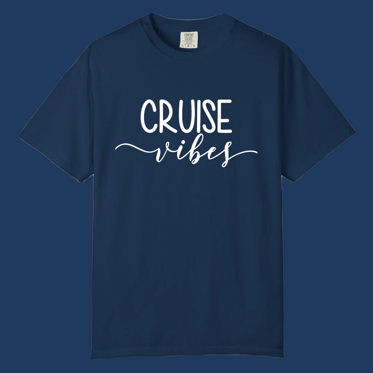 Cruise vibes lettering design with white text and decorative wave accents on gray background