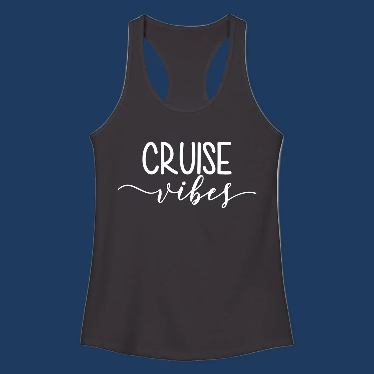 Cruise vibes lettering design with white text and decorative wave accents on gray background