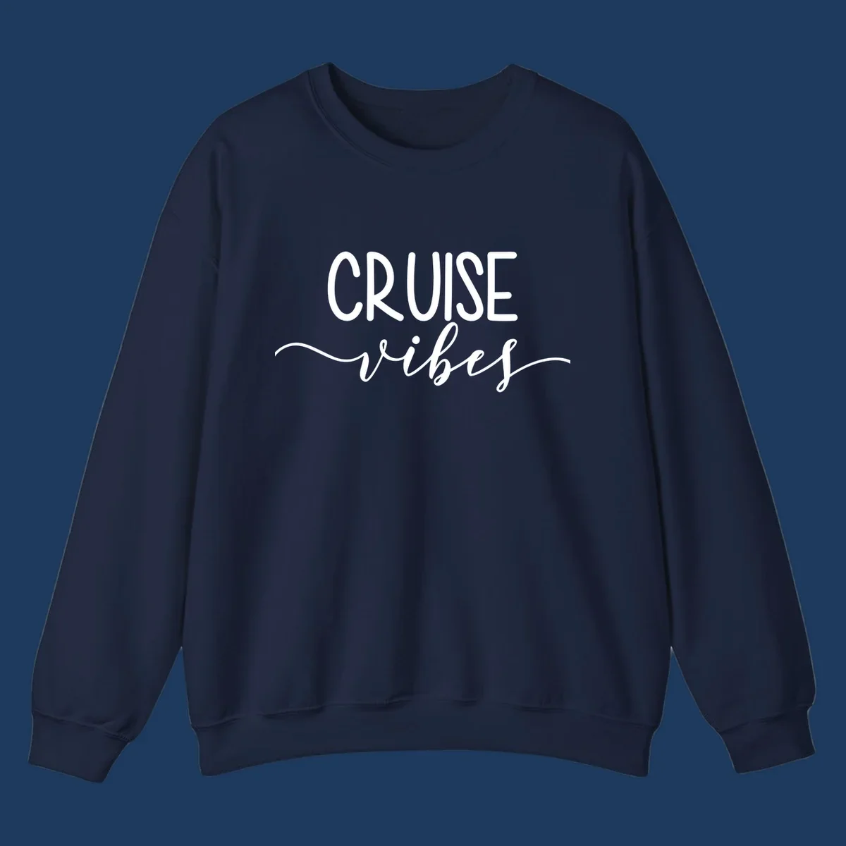Cruise vibes lettering design with white text and decorative wave accents on gray background