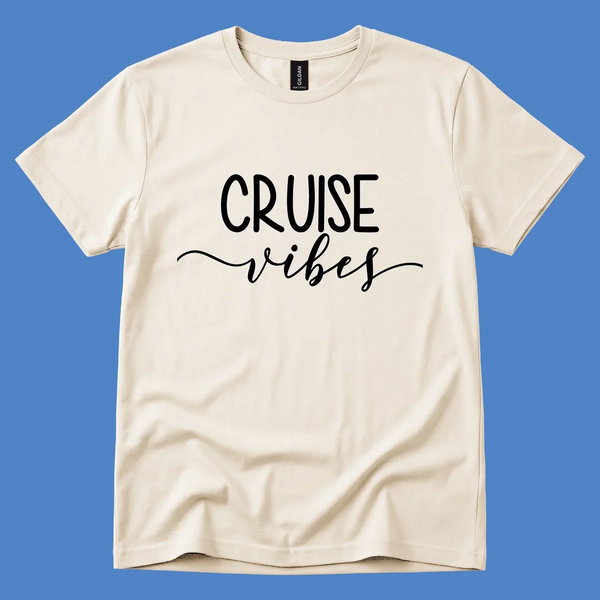 Cruise vibes lettering design with white text and decorative wave accents on gray background