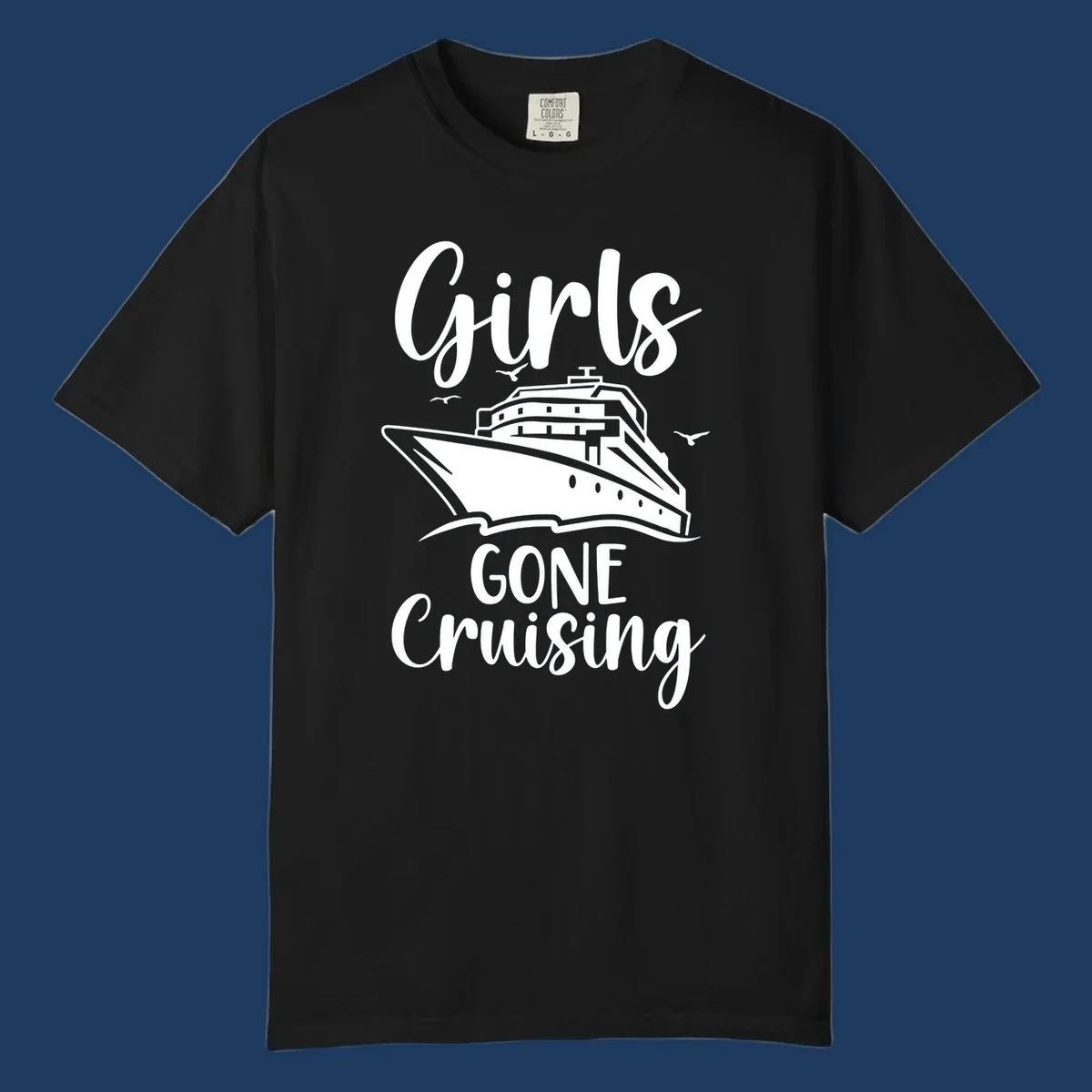 Girls Gone Cruising vintage nautical design with cruise ship and seagulls illustration
