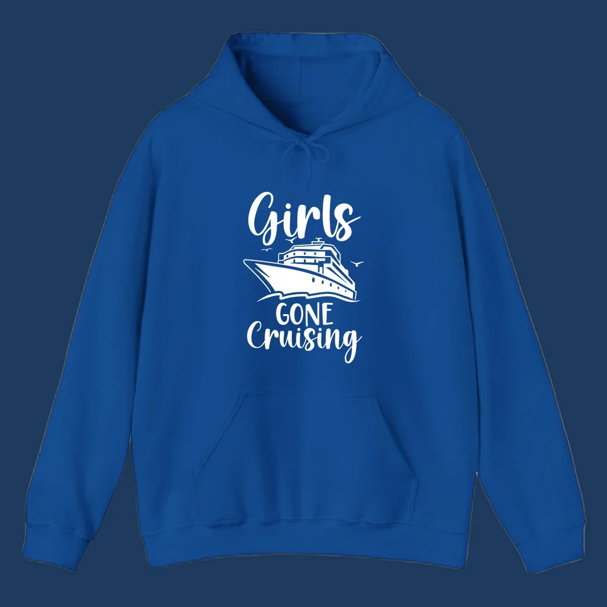 Girls Gone Cruising vintage nautical design with cruise ship and seagulls illustration