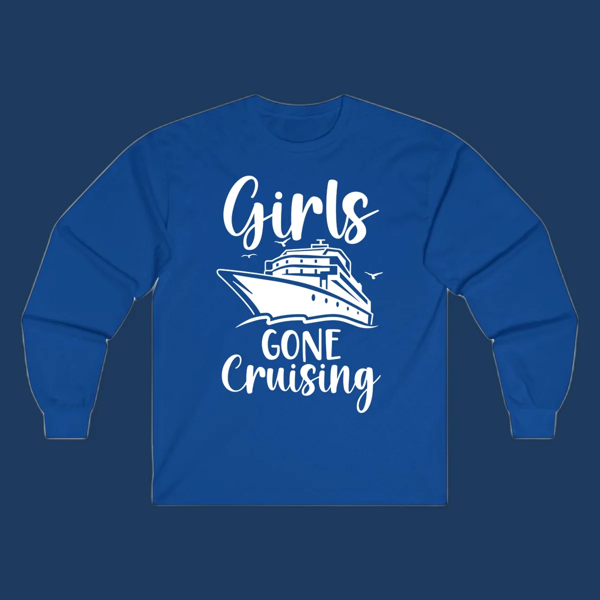 Girls Gone Cruising vintage nautical design with cruise ship and seagulls illustration