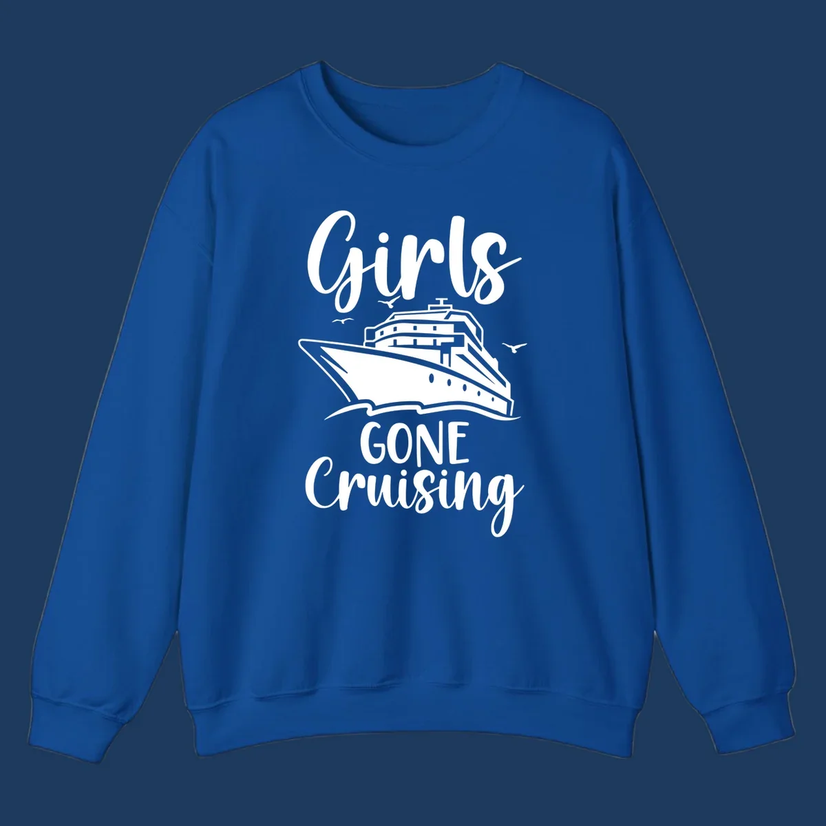 Girls Gone Cruising vintage nautical design with cruise ship and seagulls illustration