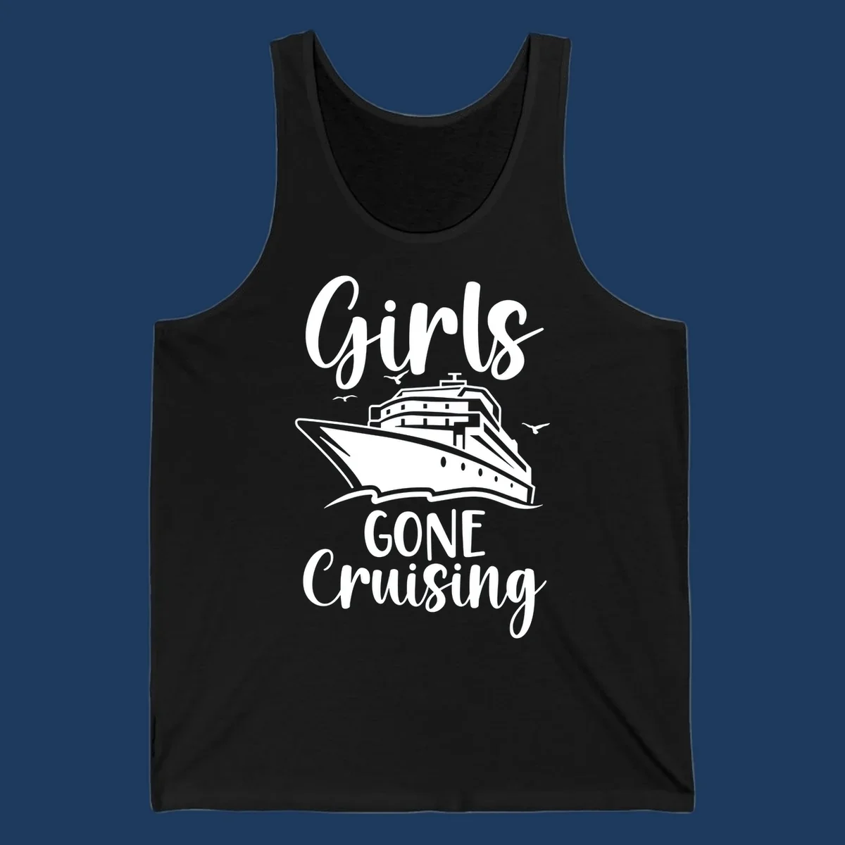 Girls Gone Cruising vintage nautical design with cruise ship and seagulls illustration