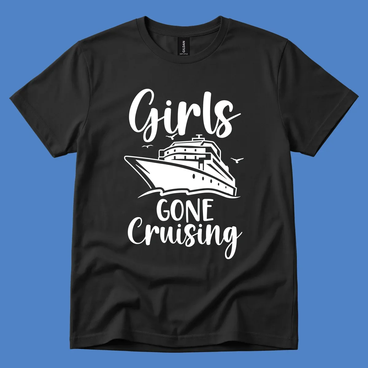 Girls Gone Cruising vintage nautical design with cruise ship and seagulls illustration