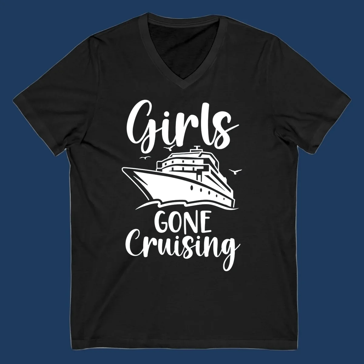 Girls Gone Cruising vintage nautical design with cruise ship and seagulls illustration