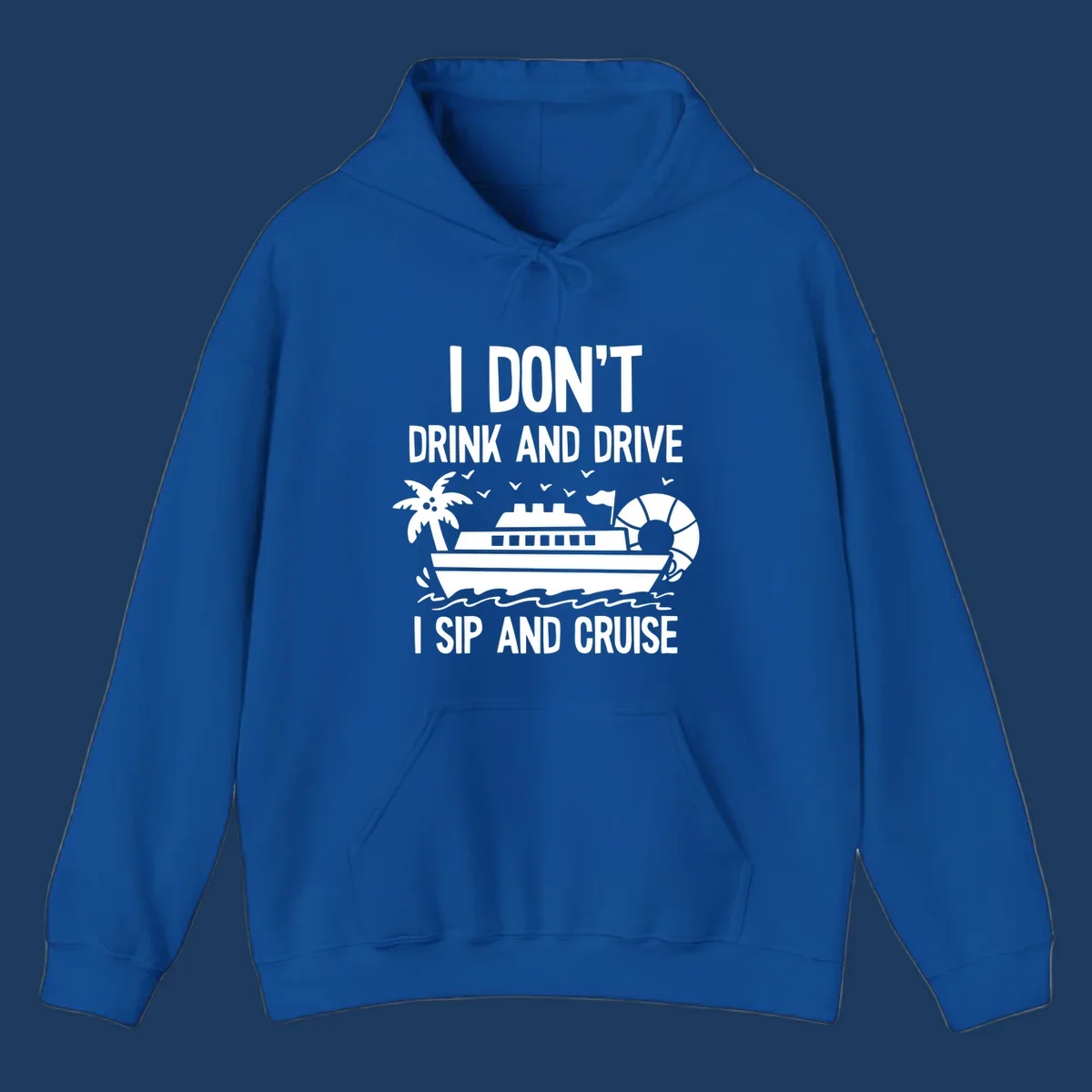 Sip and cruise funny design with cruise ship, palm tree, and ocean waves with bold text humor