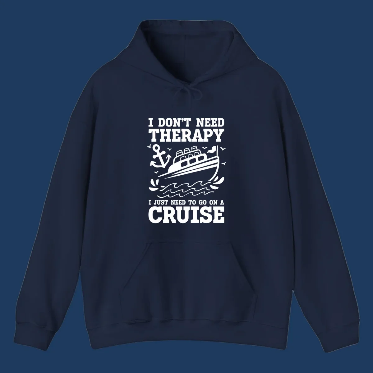 Therapy cruise escape design with cruise ship, anchor, waves and seagulls illustration with humorous text about needing a cruise vacation