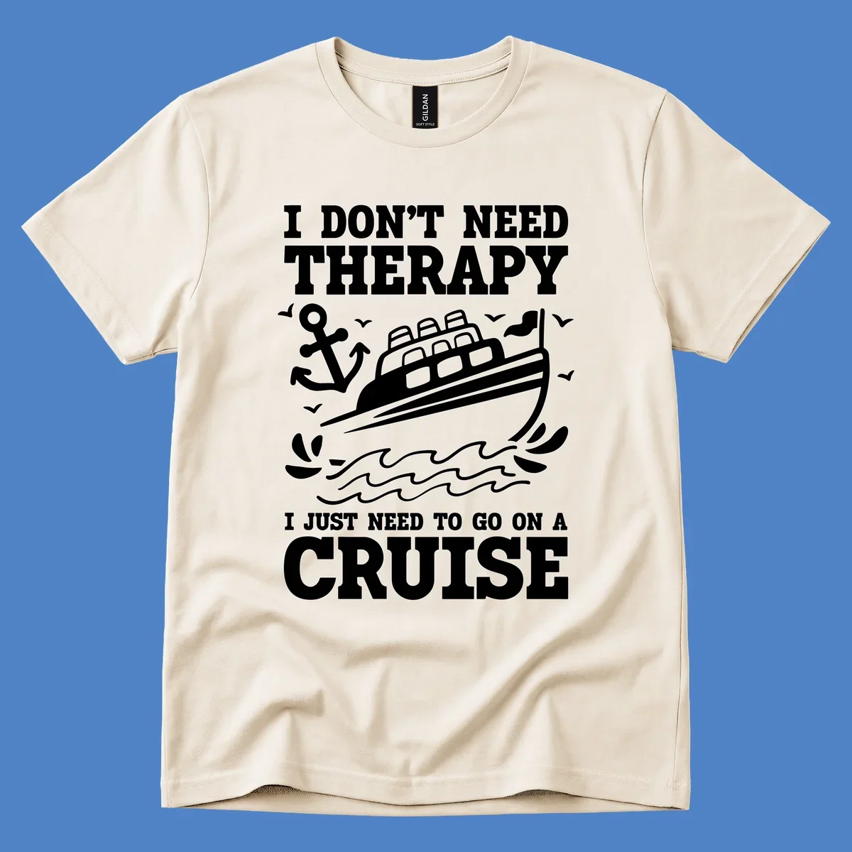Therapy cruise escape design with cruise ship, anchor, waves and seagulls illustration with humorous text about needing a cruise vacation