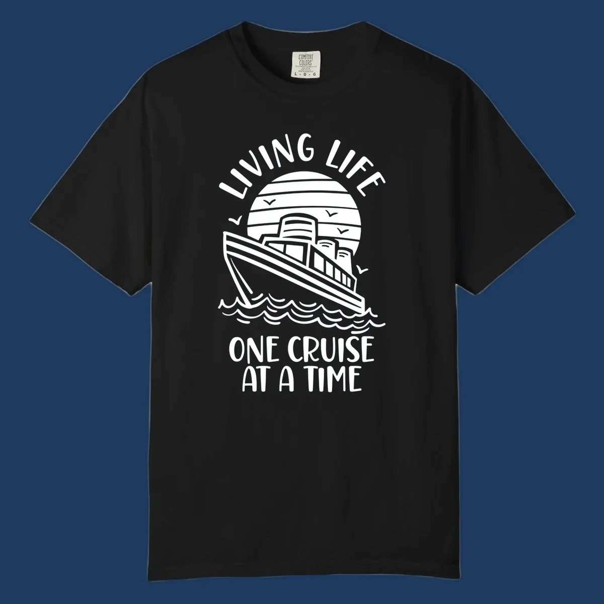 Line art cruise ship on ocean waves with striped sun and 'Living Life One Cruise At A Time' text in nautical design