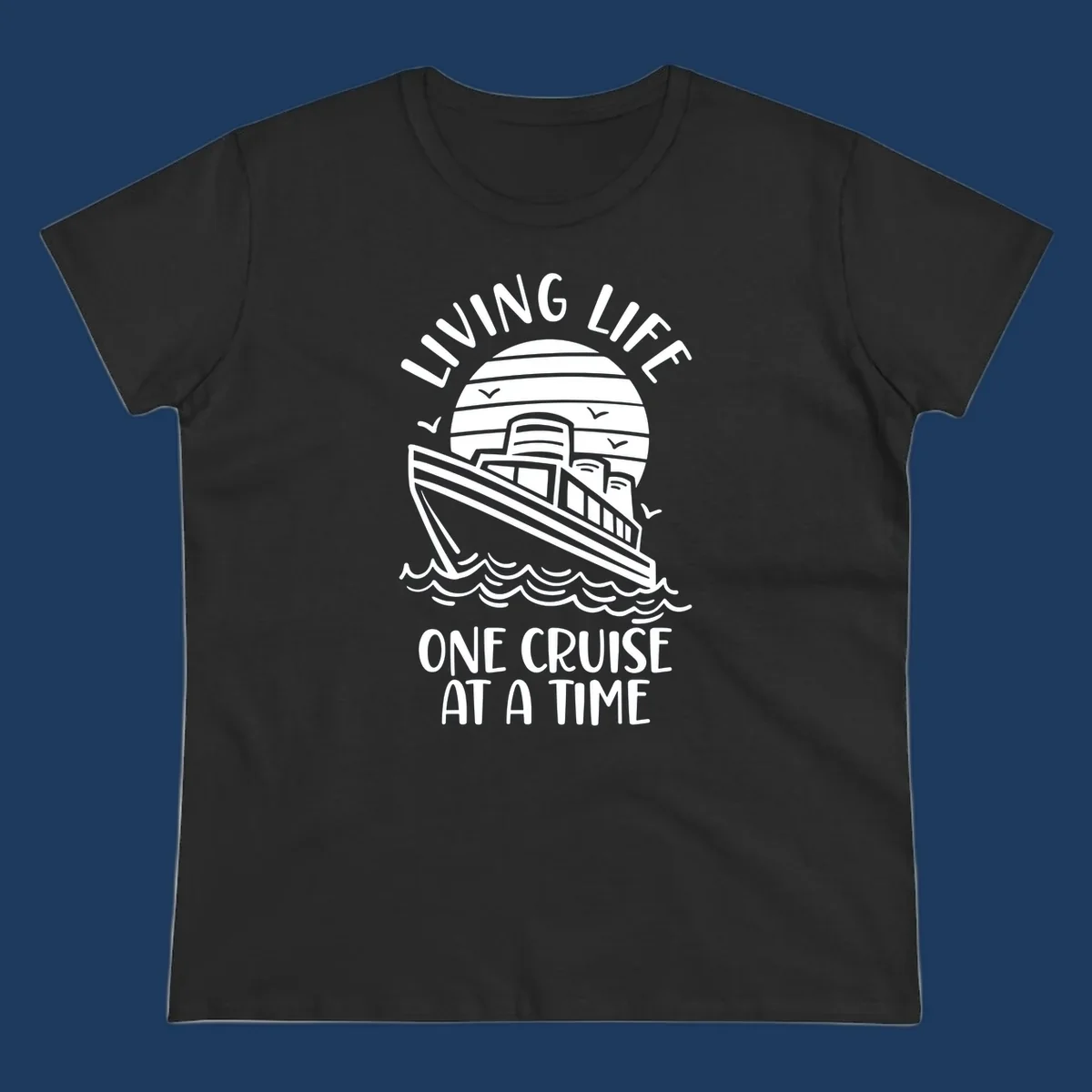 Line art cruise ship on ocean waves with striped sun and 'Living Life One Cruise At A Time' text in nautical design
