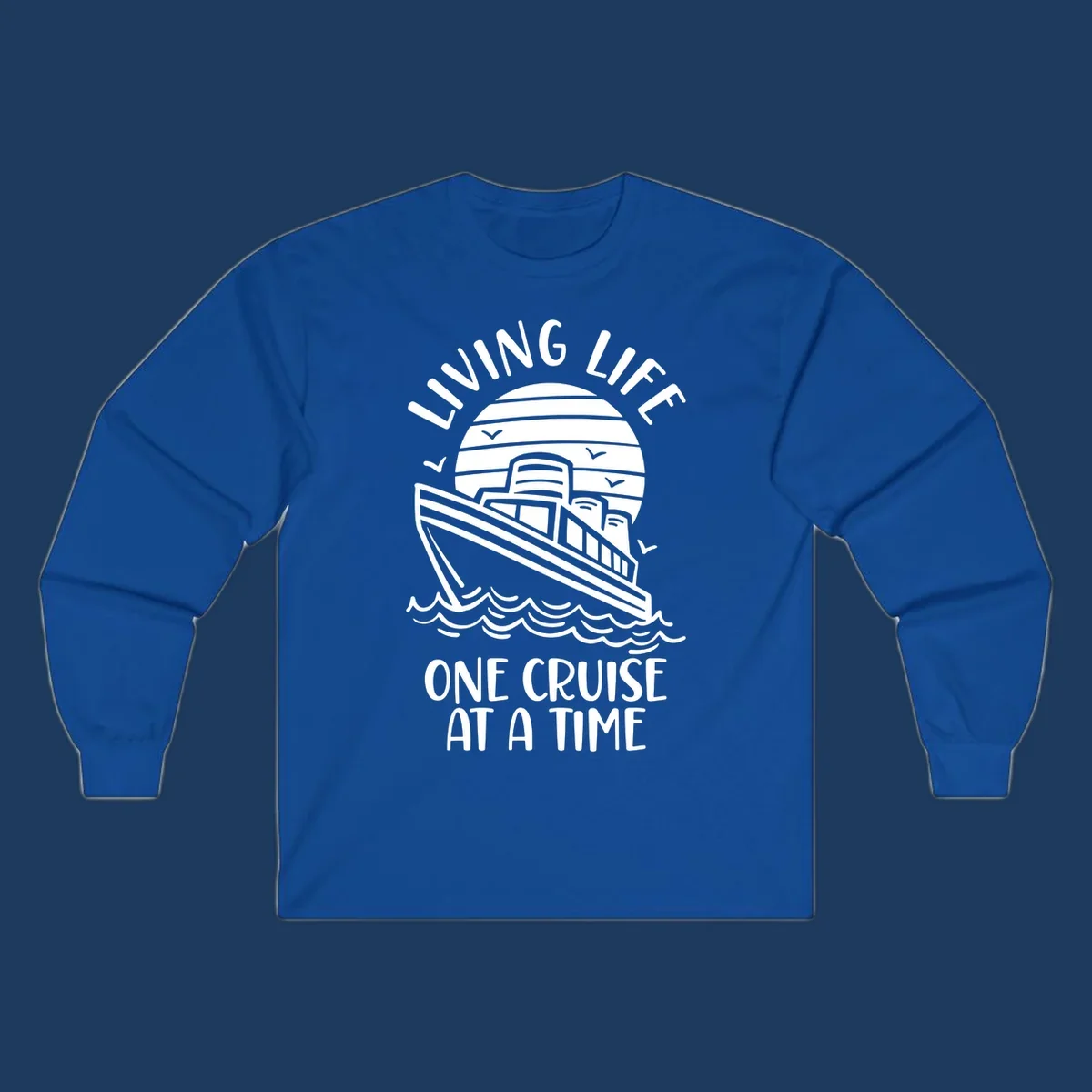 Line art cruise ship on ocean waves with striped sun and 'Living Life One Cruise At A Time' text in nautical design