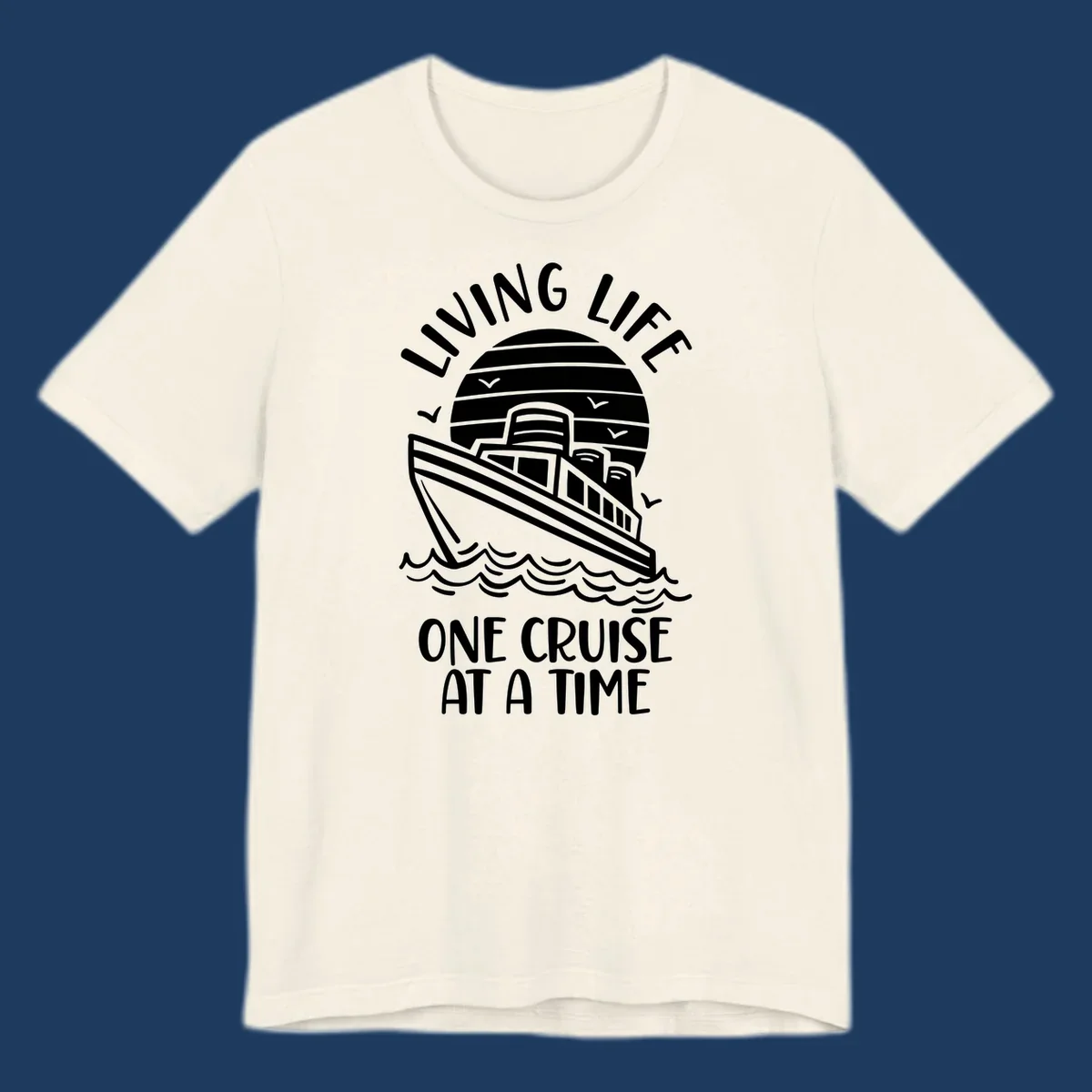 Line art cruise ship on ocean waves with striped sun and 'Living Life One Cruise At A Time' text in nautical design