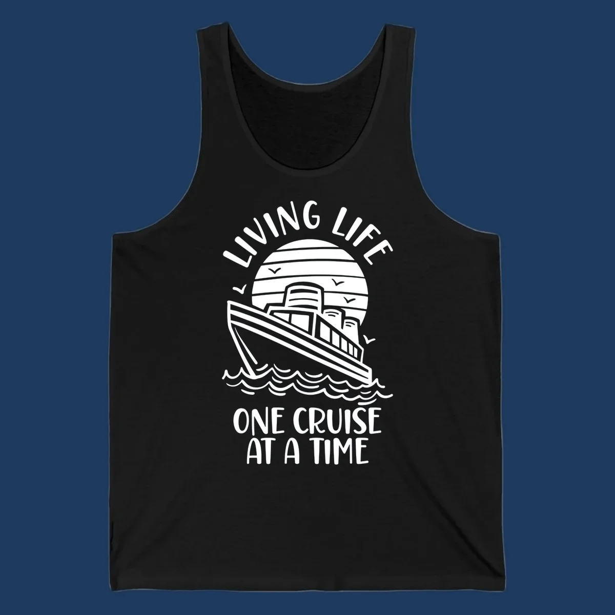 Line art cruise ship on ocean waves with striped sun and 'Living Life One Cruise At A Time' text in nautical design