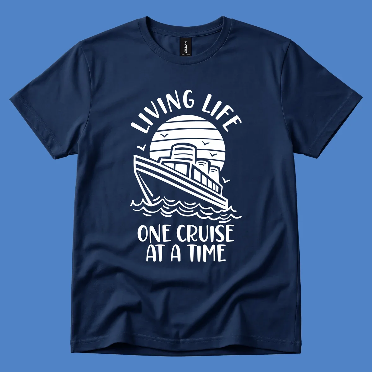 Line art cruise ship on ocean waves with striped sun and 'Living Life One Cruise At A Time' text in nautical design