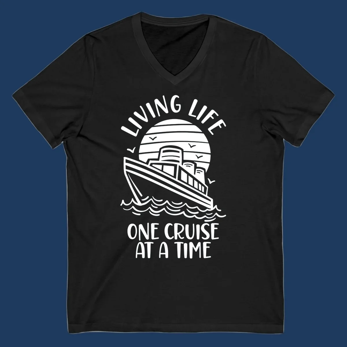 Line art cruise ship on ocean waves with striped sun and 'Living Life One Cruise At A Time' text in nautical design