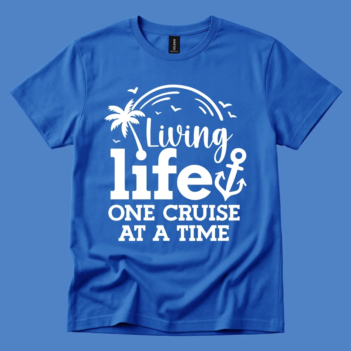 White nautical design with palm tree, anchor, and birds featuring text 'Living life one cruise at a time' on gray background