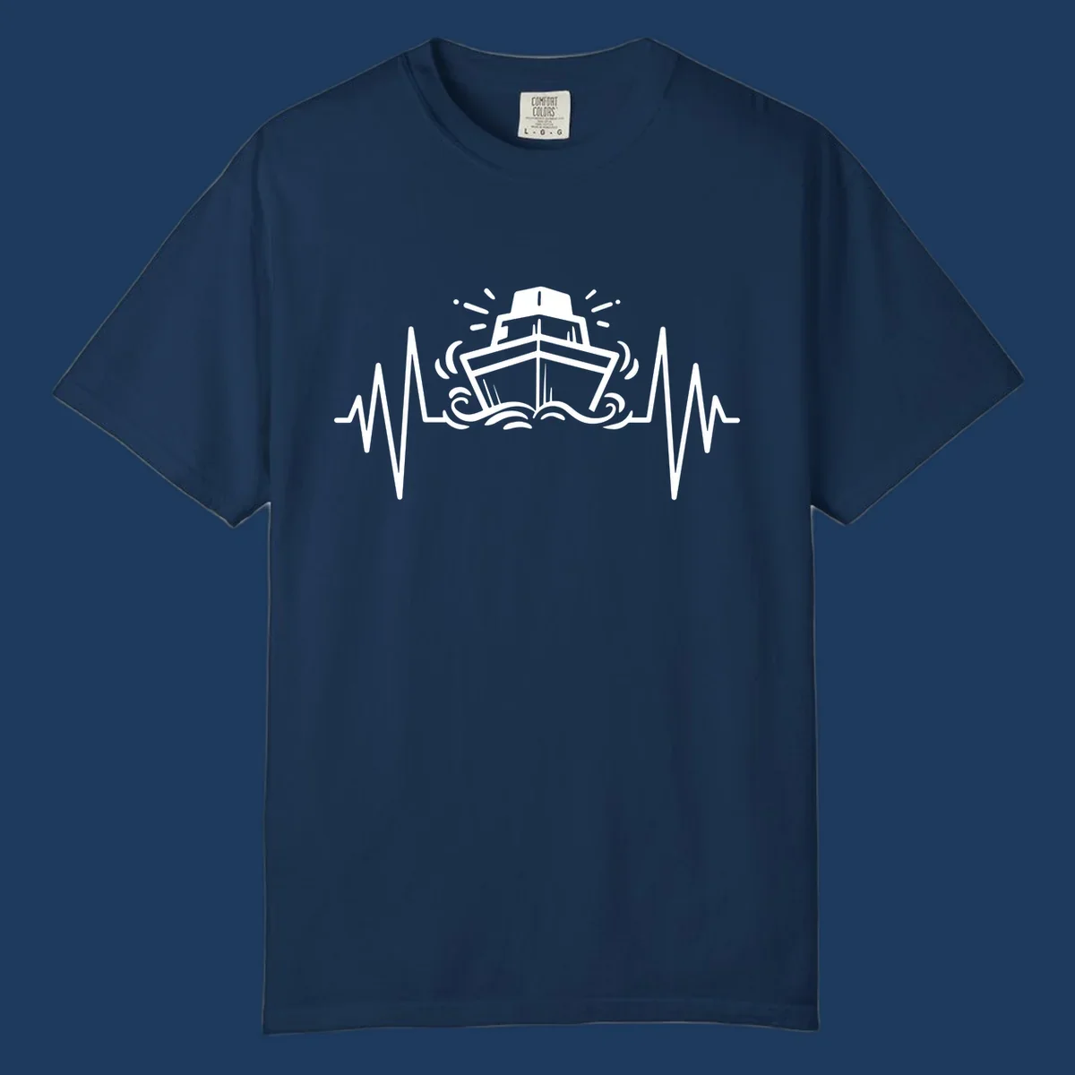 White line art illustration of a cruise ship with heartbeat ECG lines and sound waves on gray background