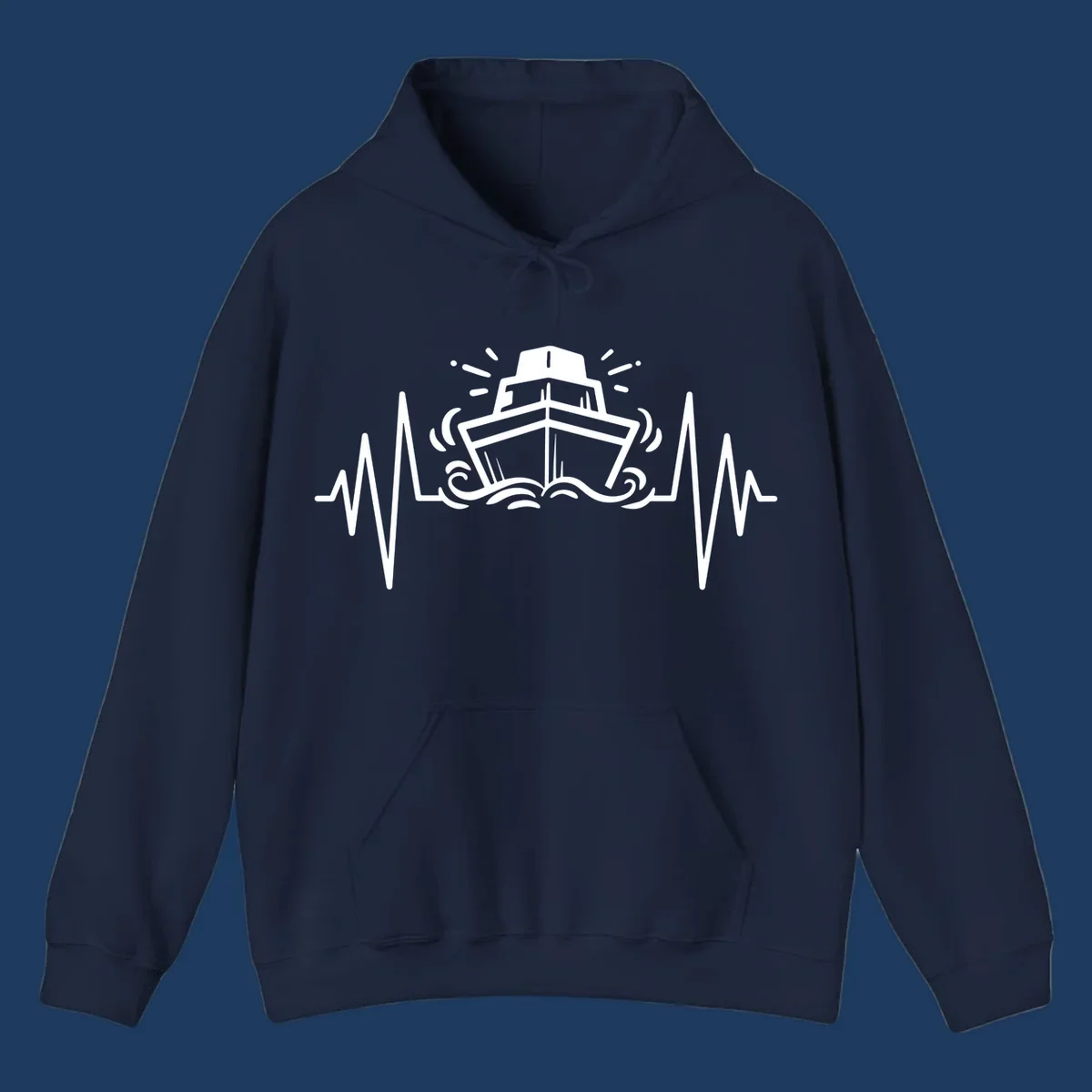 White line art illustration of a cruise ship with heartbeat ECG lines and sound waves on gray background