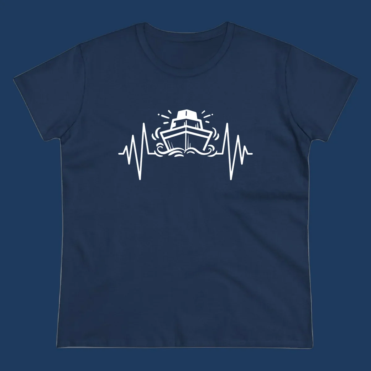 White line art illustration of a cruise ship with heartbeat ECG lines and sound waves on gray background