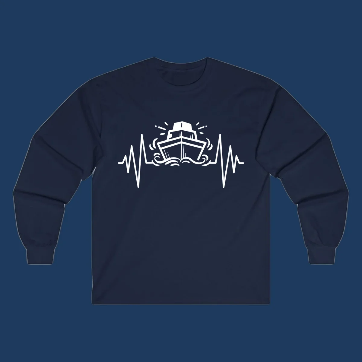 White line art illustration of a cruise ship with heartbeat ECG lines and sound waves on gray background
