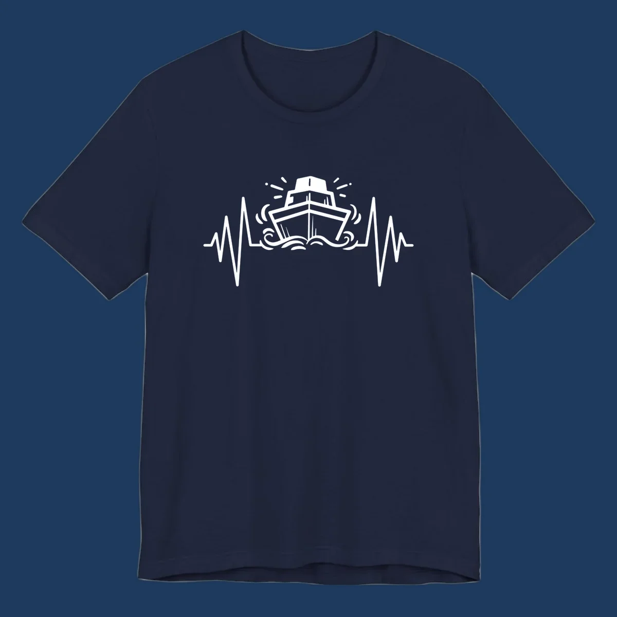 White line art illustration of a cruise ship with heartbeat ECG lines and sound waves on gray background