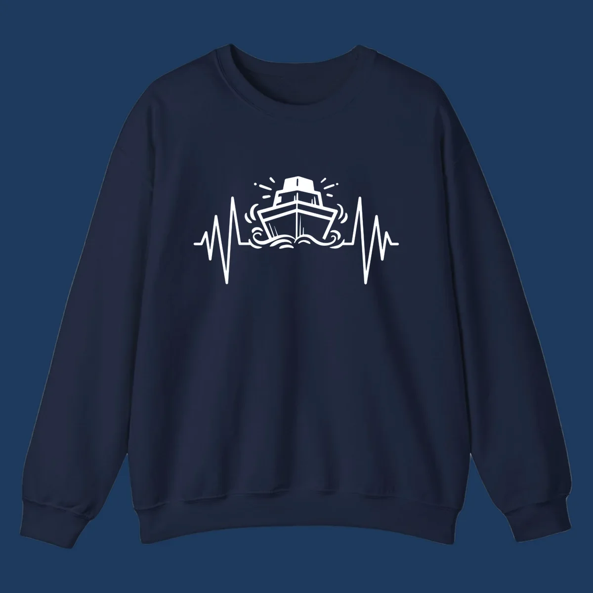 White line art illustration of a cruise ship with heartbeat ECG lines and sound waves on gray background