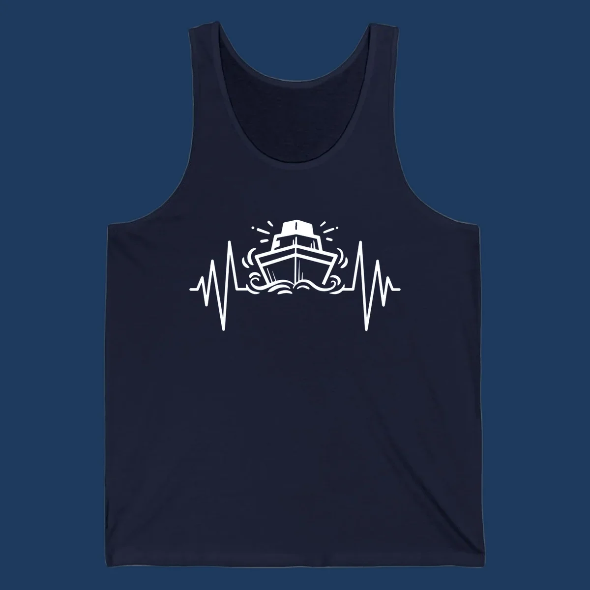 White line art illustration of a cruise ship with heartbeat ECG lines and sound waves on gray background