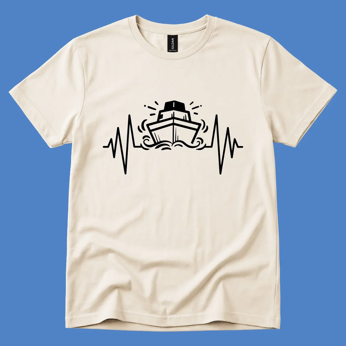 White line art illustration of a cruise ship with heartbeat ECG lines and sound waves on gray background