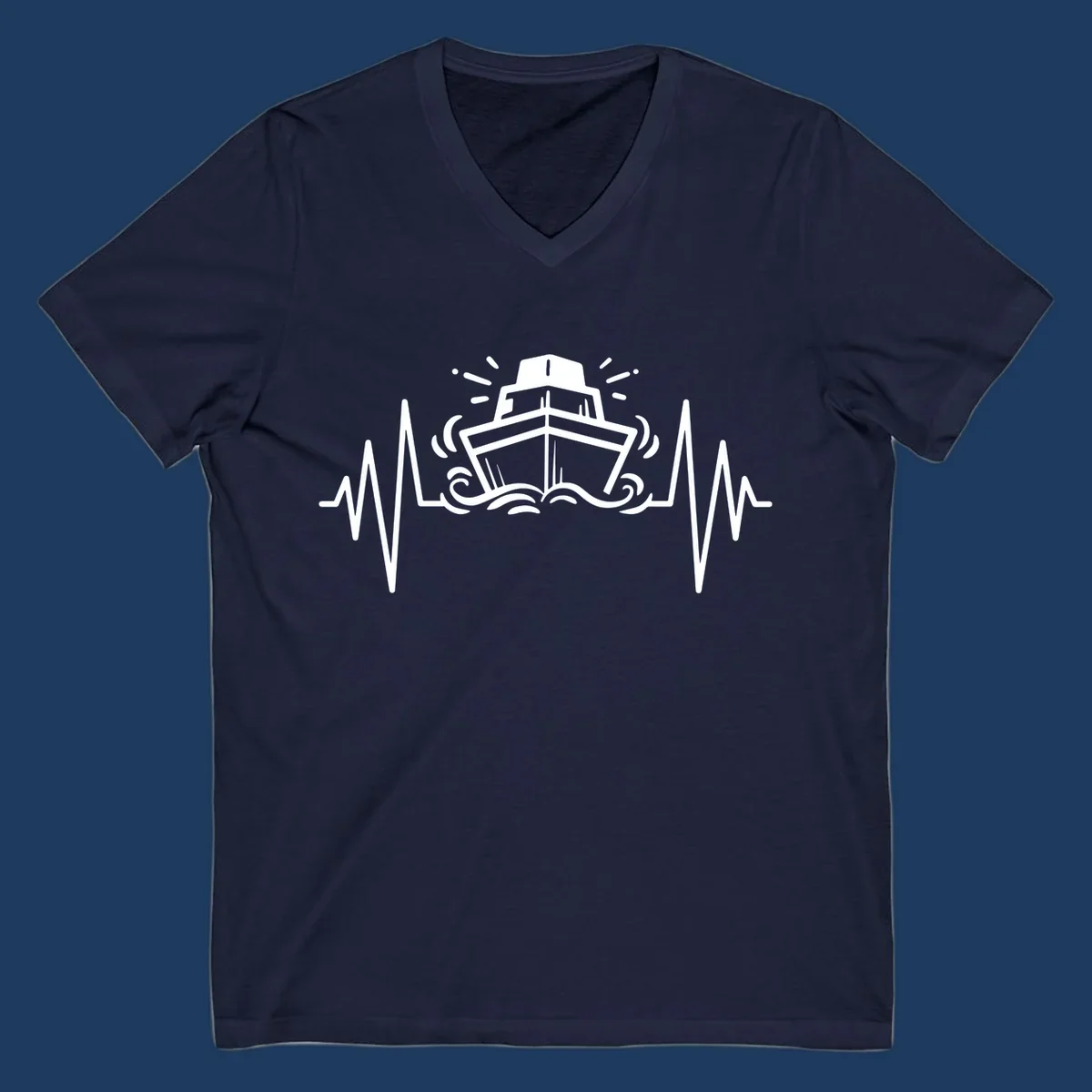 White line art illustration of a cruise ship with heartbeat ECG lines and sound waves on gray background