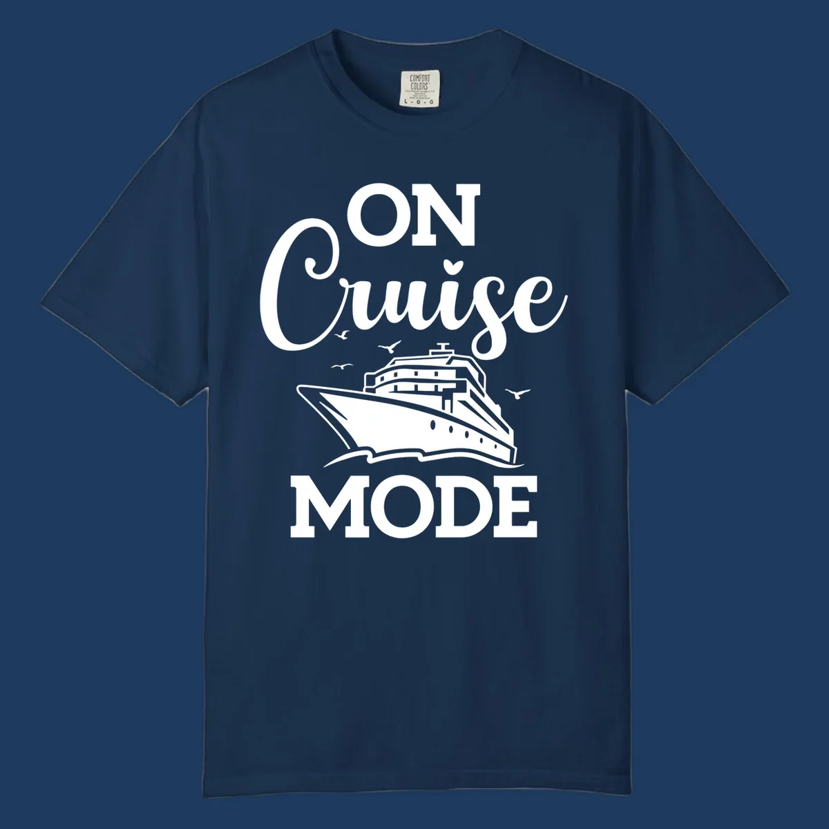 White line art cruise ship with seagulls and waves, text reads 'ON CRUISE MODE' above and below the ship illustration on gray background