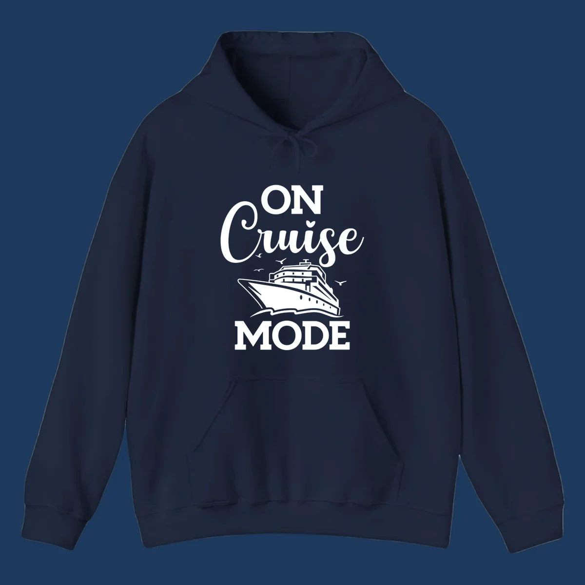 White line art cruise ship with seagulls and waves, text reads 'ON CRUISE MODE' above and below the ship illustration on gray background