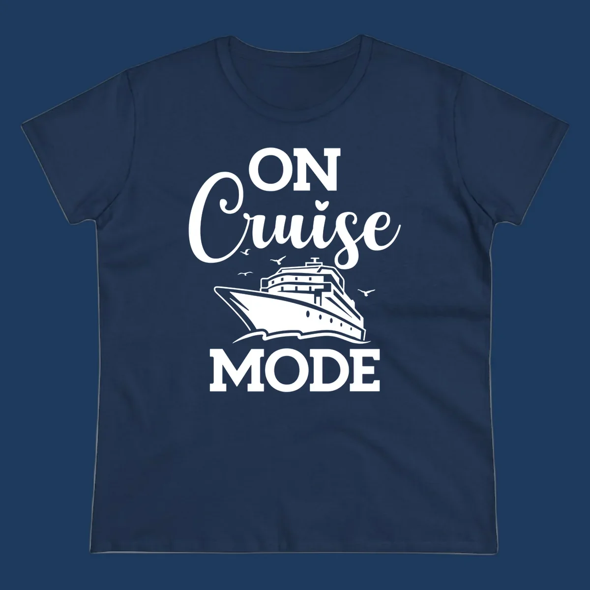 White line art cruise ship with seagulls and waves, text reads 'ON CRUISE MODE' above and below the ship illustration on gray background