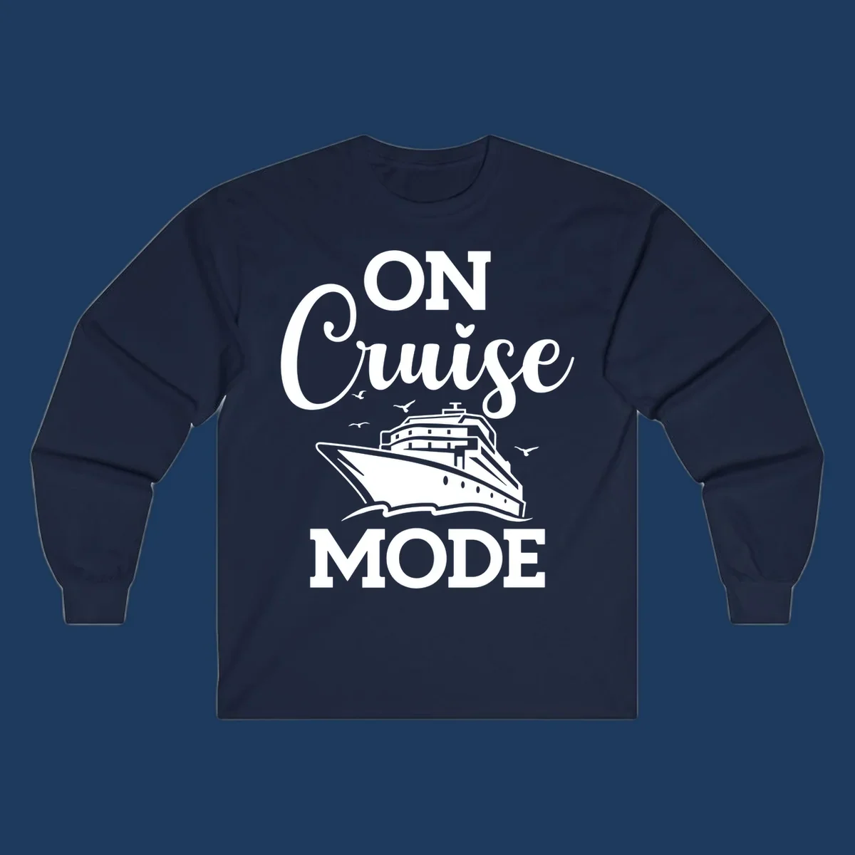 White line art cruise ship with seagulls and waves, text reads 'ON CRUISE MODE' above and below the ship illustration on gray background