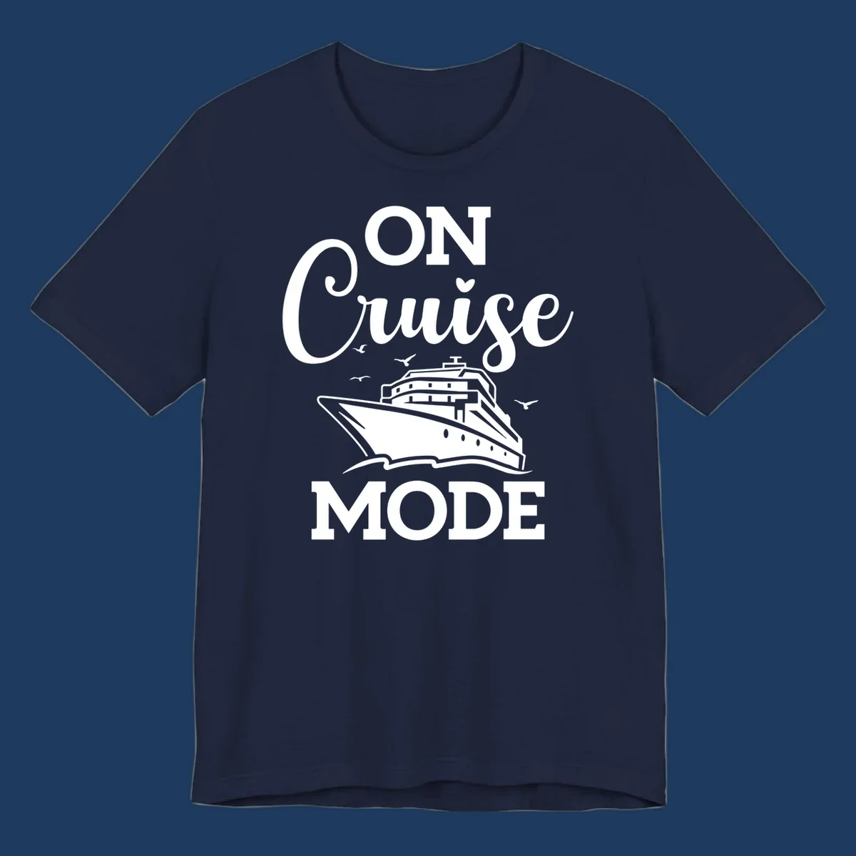 White line art cruise ship with seagulls and waves, text reads 'ON CRUISE MODE' above and below the ship illustration on gray background