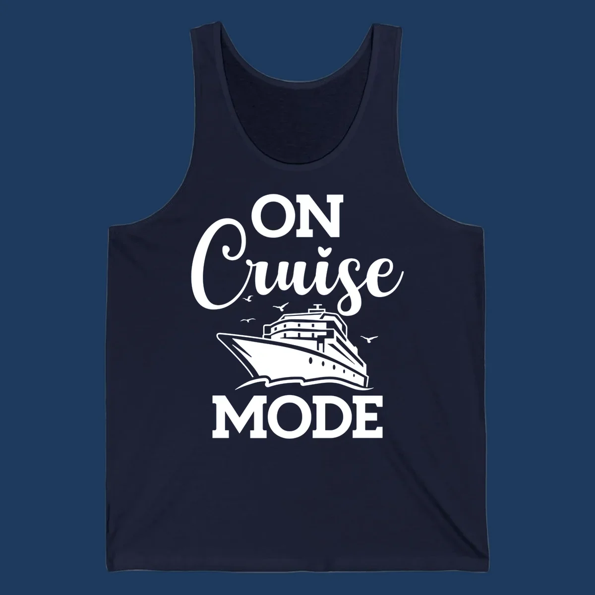 White line art cruise ship with seagulls and waves, text reads 'ON CRUISE MODE' above and below the ship illustration on gray background