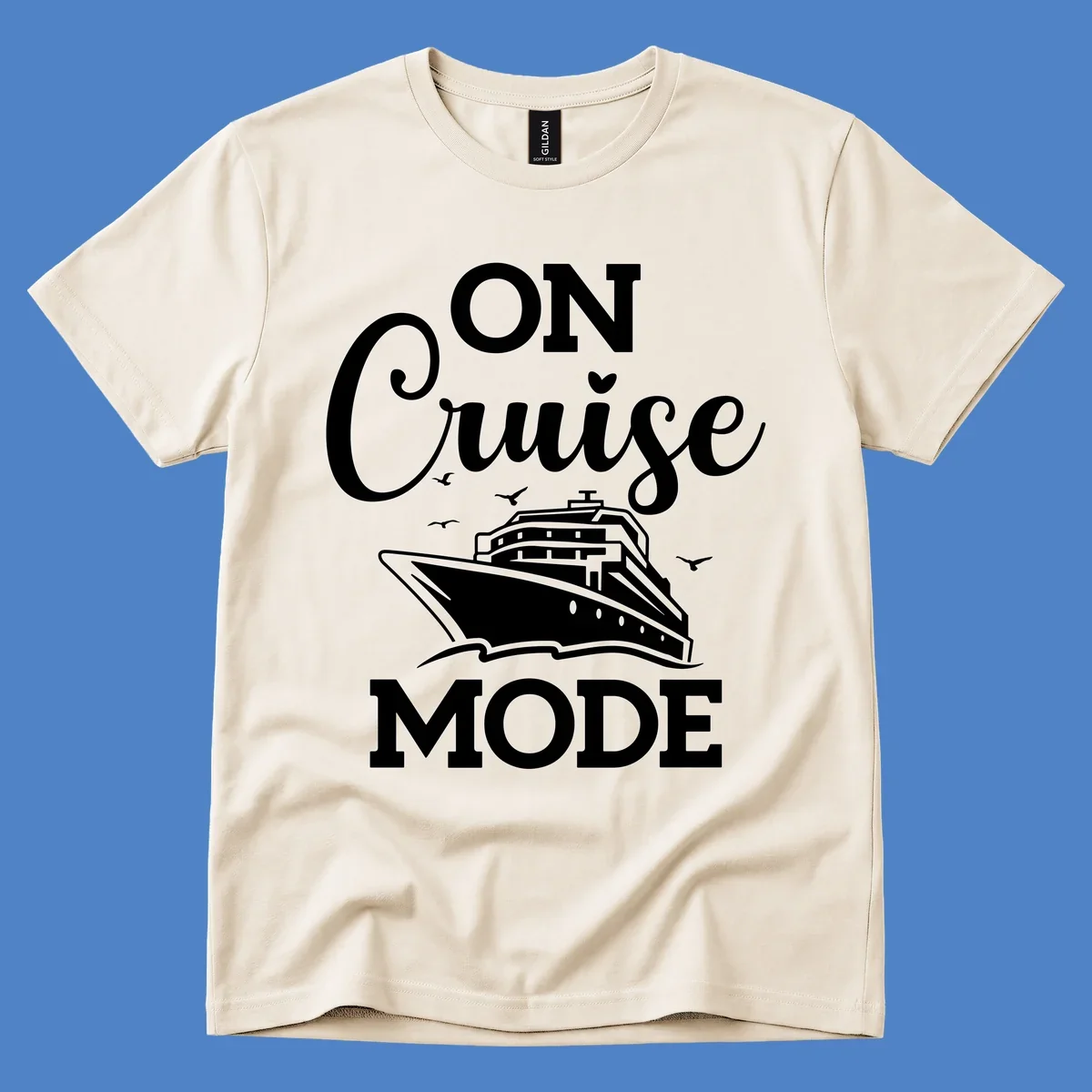White line art cruise ship with seagulls and waves, text reads 'ON CRUISE MODE' above and below the ship illustration on gray background