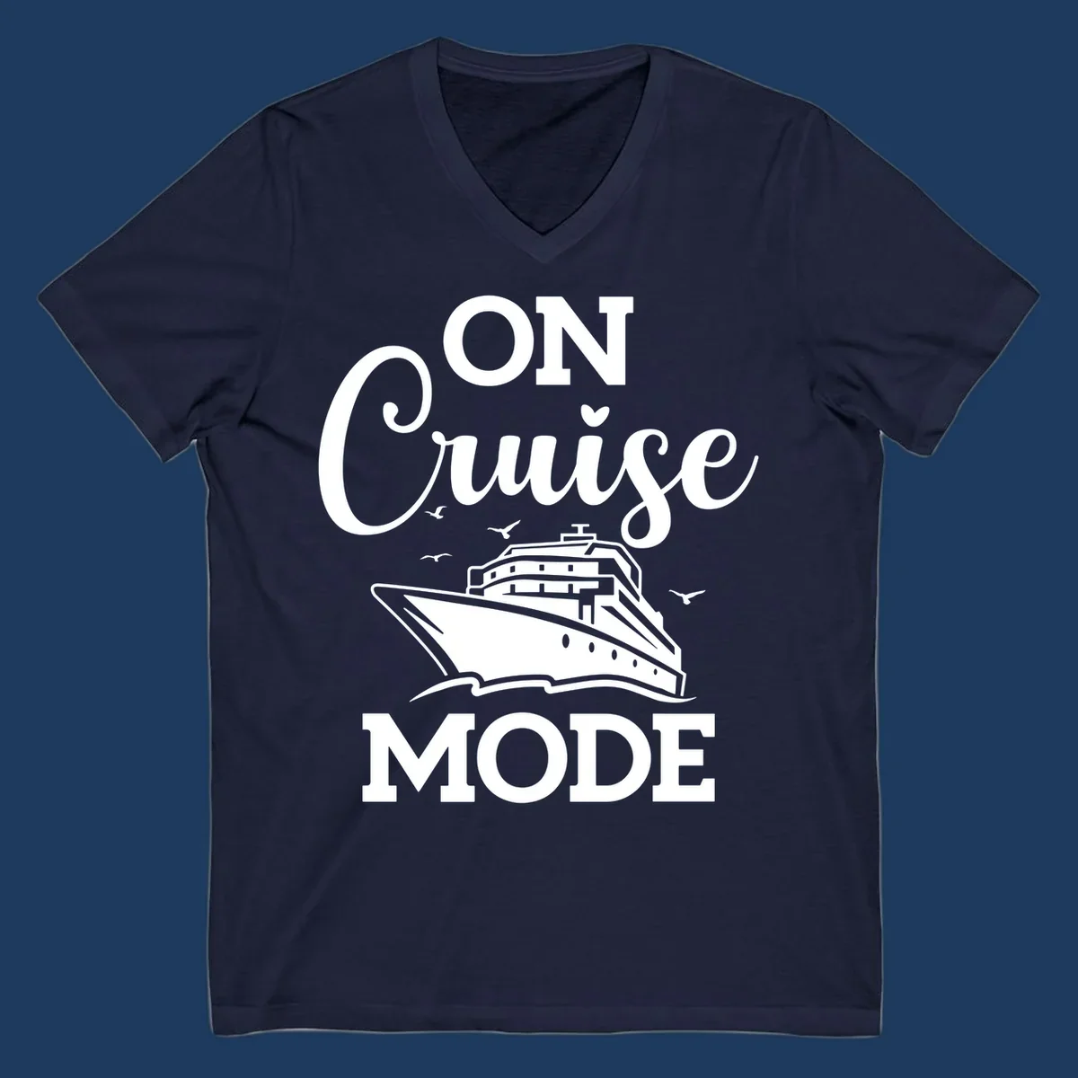 White line art cruise ship with seagulls and waves, text reads 'ON CRUISE MODE' above and below the ship illustration on gray background