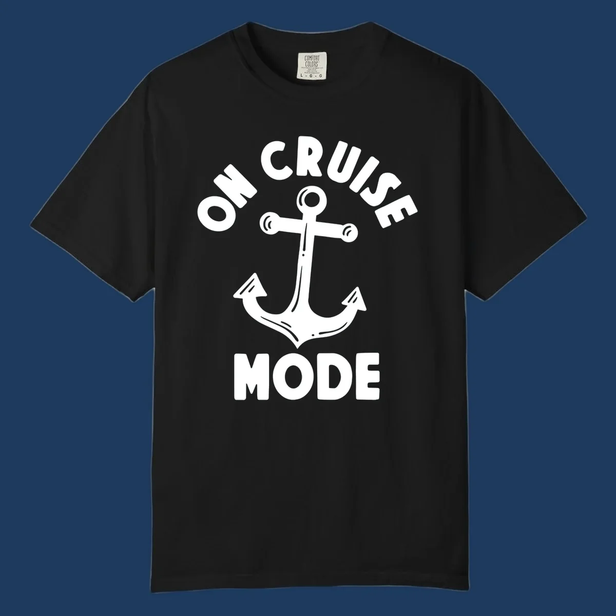 White anchor with decorative lines surrounded by 'ON CRUISE MODE' text on gray background